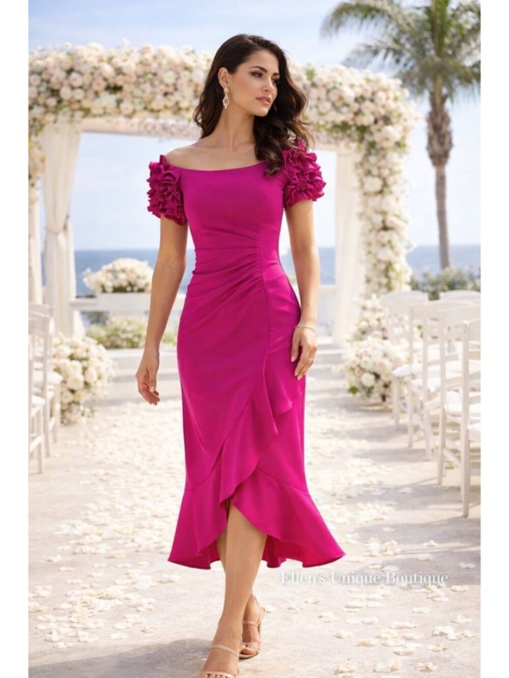 Xscape Ruffled Off-The-Shoulder Scuba Crepe Midi Dress Size 4 New With Tags - Picture 7 of 16